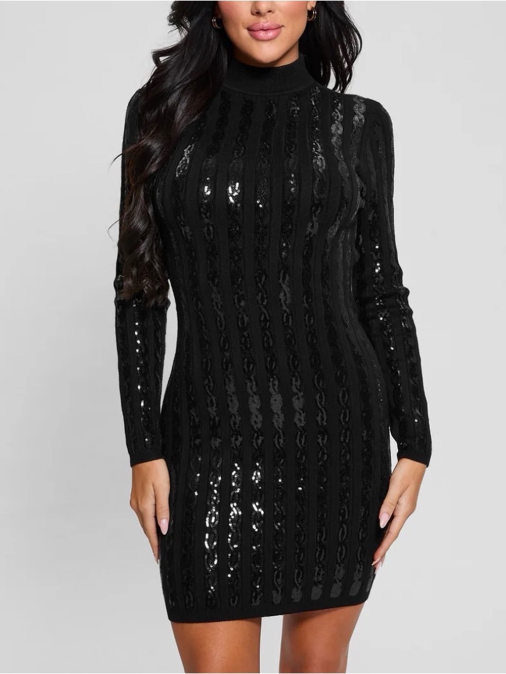 Guess Bailey Cable Knit Sweater Dress Sequins Open Back Bodycon Black Medium NWT